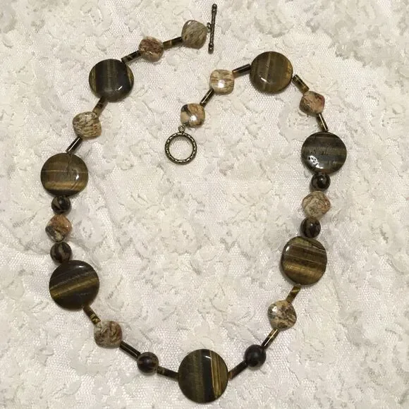 Tigers Eye Stone Bead Necklace Toggle Clasp 24