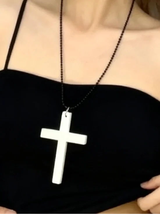 White Cross Necklace Black Ball/Bead Chain Long Religious Jewelry