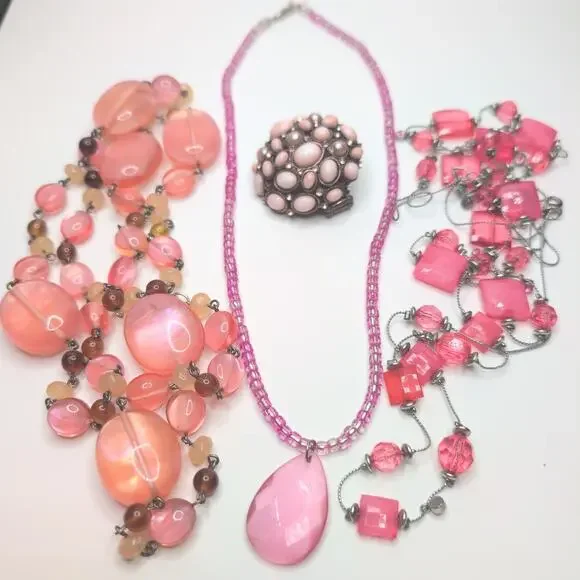 Pink Rhinestone Necklace Pendant Ring Lot Fairy Coquette Barbie Rose‎