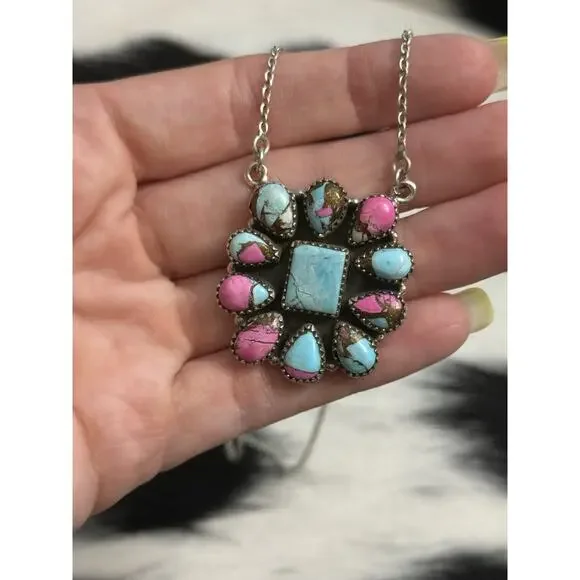 Native Southwest Sterling Silver Cotton Candy Turquoise Cluster Pendant Necklace