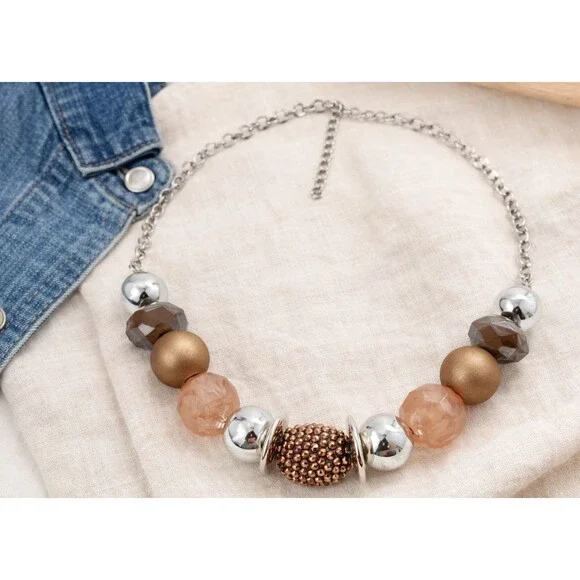 Vintage Blush Bead Necklace Rhinestone Pave Accent Gold Silver Tone 18-20