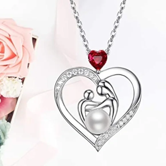 ALWAYS MY MOM Grandma Red Stone Pearl Heart Pendant Chain Necklace
