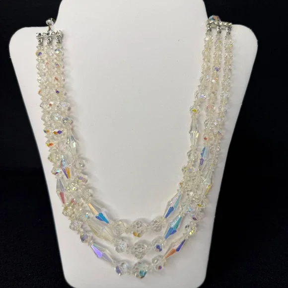 Vintage Aurora Borealis Clear Glass Bead Necklace Silver Tone Rhinestone Accents