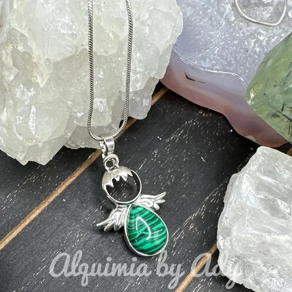 Chunky Malachite silver angel charm necklace