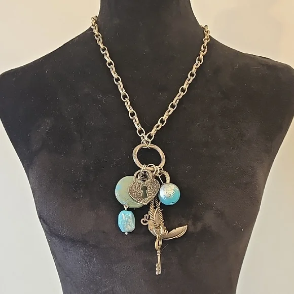 Chic Silver Necklace with Blue And Silver Charms