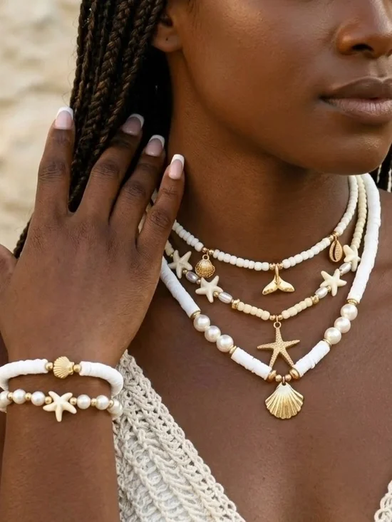 Layered Gold & White Beach Charm Necklace Set of 3 + 2 Bracelets