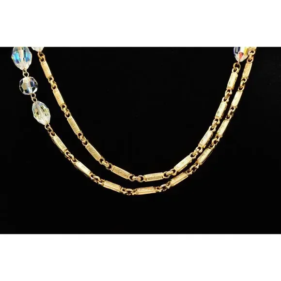 Vintage Crystal Necklace Gold Tone Chain Aurora Borealis Glass Long Sparkling 9J