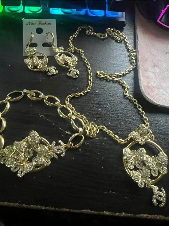 Gold Crystal Floral Necklace, Bracelet & Earring Set -