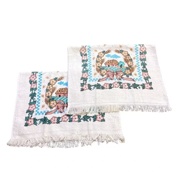 VTG CANNON Hand Kitchen Towel Fringe 70s NOS Farmhouse Barn Flower Bow Wheat‎