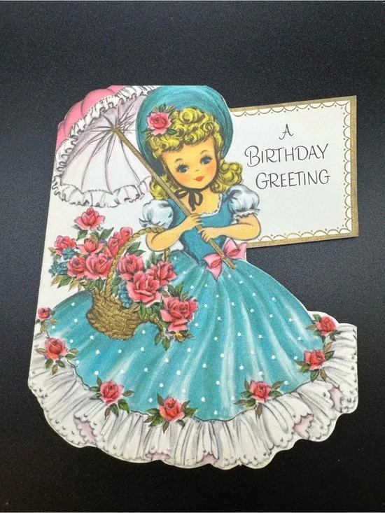 #2151 Vintage 40s “A Birthday Greeting” 3-Southern Belles Parasol Greeting Card