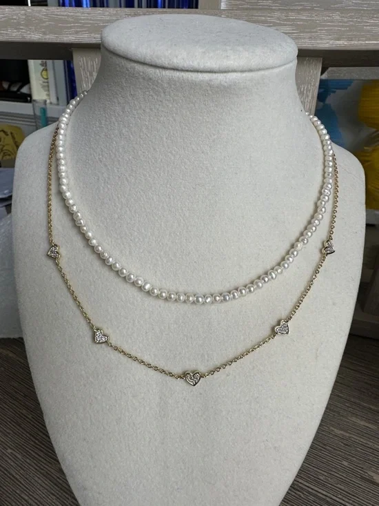Delicate White Pearl & Gold Heart Layered Necklace Set