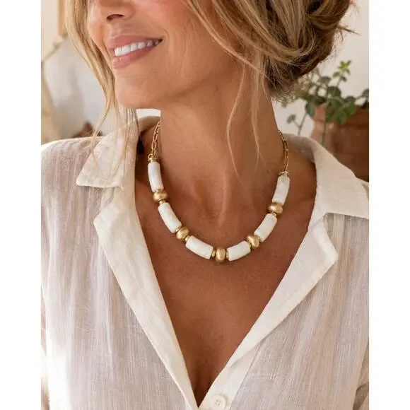 NWT Plunder White Marble Statement Necklace Gold Chunky Necklace Coastal Luxe