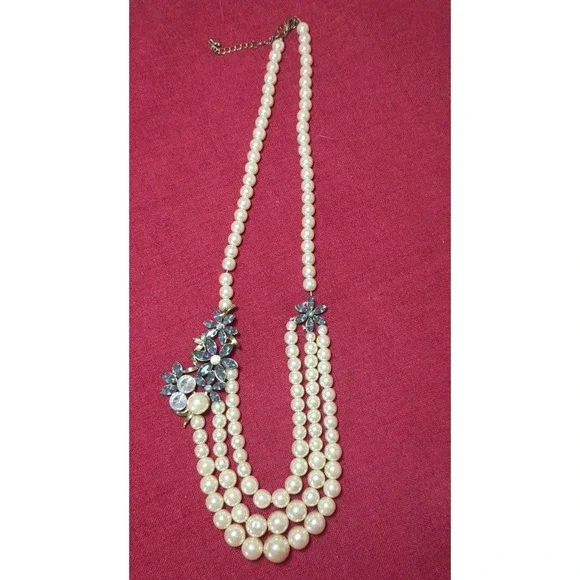 Vintage Faux Pearl And Rhinestone 3‎ Strand Necklace