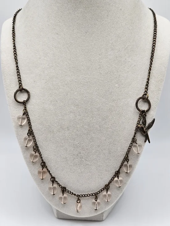 Unique Bronze Tone Bird and Pink Heart Beaded Charm Necklace