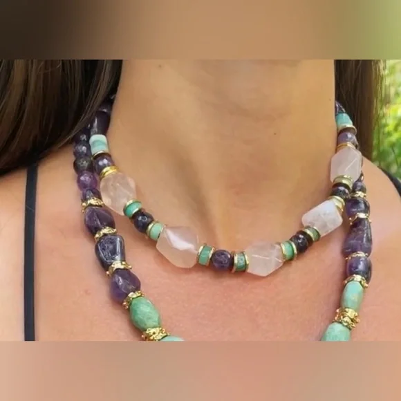 Gemstone Necklace | Pink Quartz & Amazonite | Handcrafted Luxury Jewelry