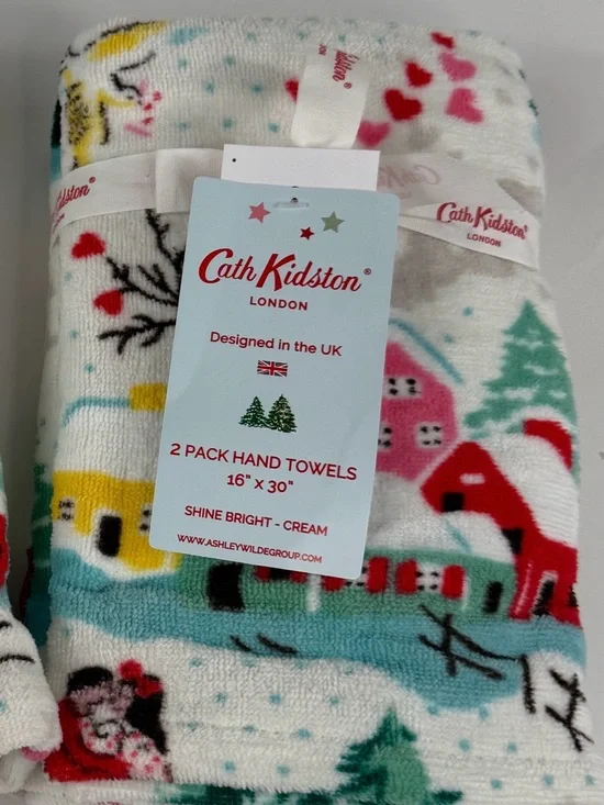 2 PC Cath Kidston Cream Holiday Village Hand Towels - Nostalgic Snowy Scene