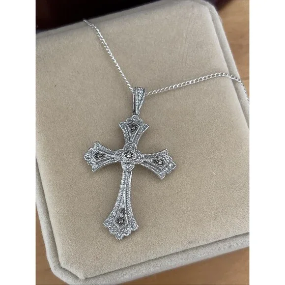 Stunning Sterling Silver Pave Genuine Natural Diamond Cross Pendant 24