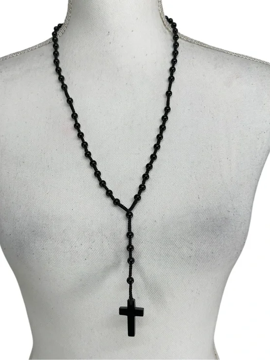Black / Rosary Style Necklace with Cross & Beads / 25” Circumference / Goth Emo