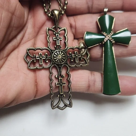 Ornate Bronze Filigree Cross Necklace and Green  acrylic Gold Tone Cross Pendant