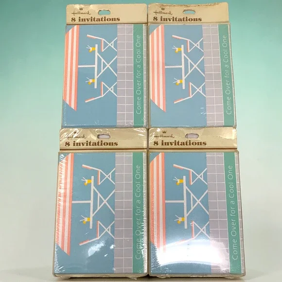 Lot 4 Vtg Hallmark Pool Party Invitations Sealed NOS Mid Century Modern Patio