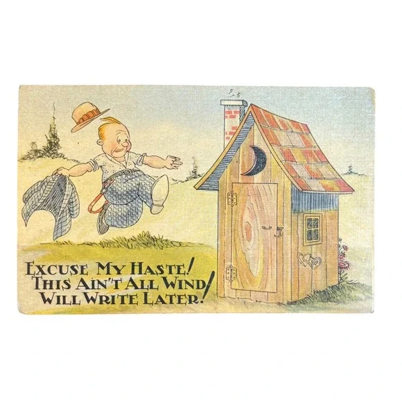 Vintage 1940s Postcard Comic Outhouse Humor Risque Novelty Art Mid-Century