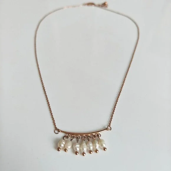 Rose Gold Tone Small Pearl Dangle Bar Necklace Adjustable Link Chain Boho