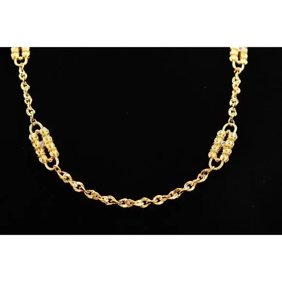 Vintage Necklace Brushed Gold Rhinestone Crystal Chain Linked Shiny 1980s 9J