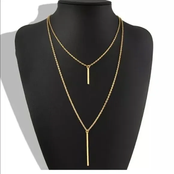 Gold Tone Double Vertical Bar Necklace