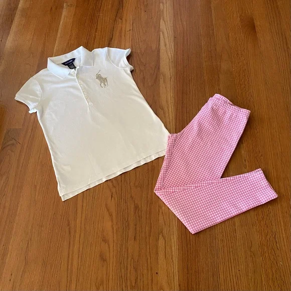 Ralph Lauren Beaded Logo Pique Polo Shirt and Matching Gingham Leggings Set