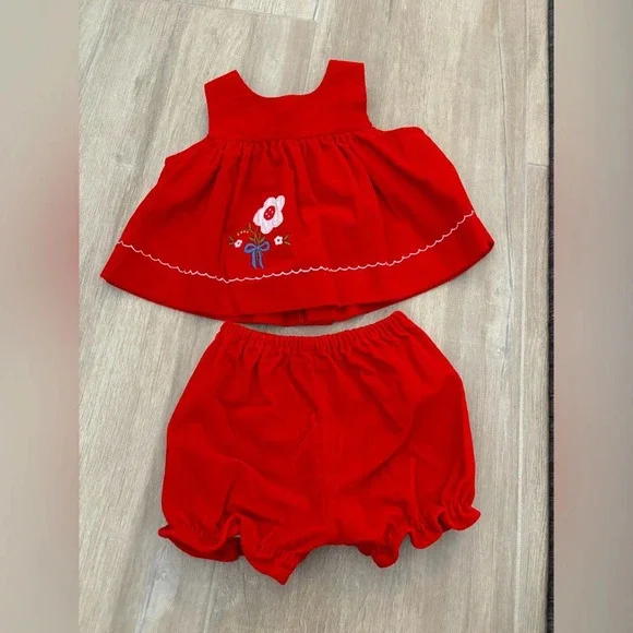 Vintage Velvet baby Top & Bloomers with flower embroidery