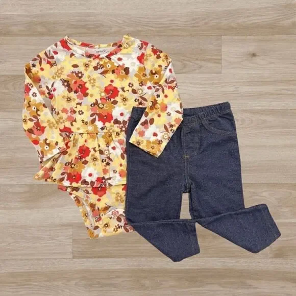 Fall Floral Baby Girl Longsleeve Peplum Bodysuit & Pant Set Size 12 months
