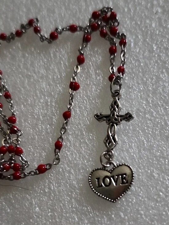 Hand Crafted Silver-Tone Cross with Red Beaded Chain and LOVE Heart Charm