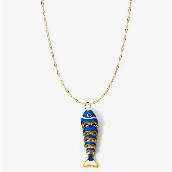 Anthropologie Gold and Blue Enamel Fish Pendant Necklace