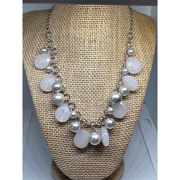 Beaded Statement Necklace Silver Tone Faux Pearl & Stone Accents