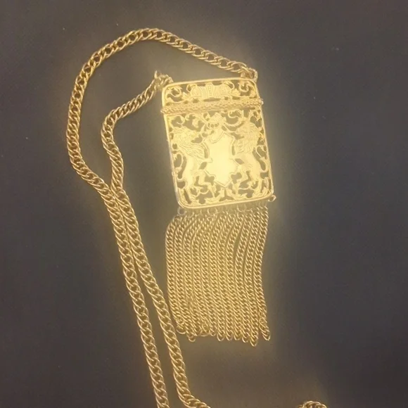 Lucien Piccard Vintage Gold Tassel Statement Necklace Ornate Lion Fringe Designe