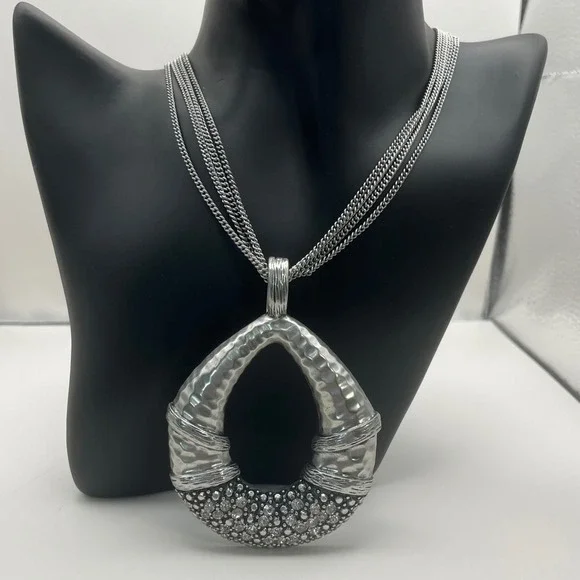 Macy's Silver Tone Open Teardrop Pendant Necklace with Rhinestones‎ 16