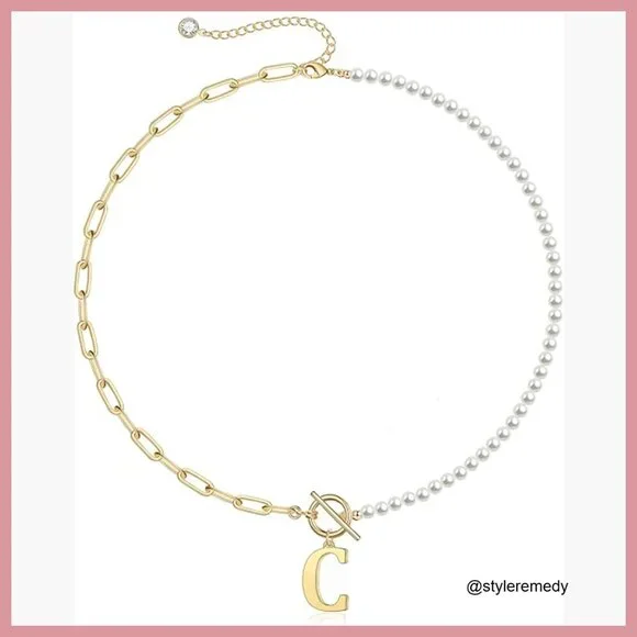 Pearl Initial Necklace with Toggle Clasp, Dainty Chain Choker Jewelry
