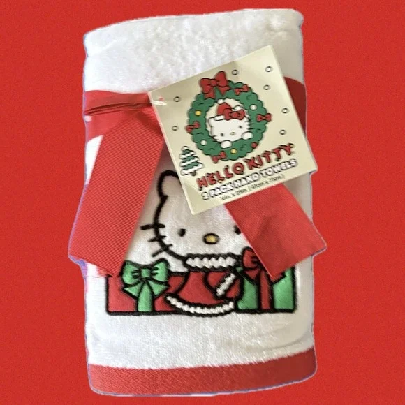 Hello Kitty 2 Pack Kitchen Bath Hand Towels White Red Holiday Gifts Embroidered