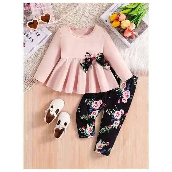 NWT Blossom Chic Two-Piece Set Pink & Black Top Coordinating Floral Leggings