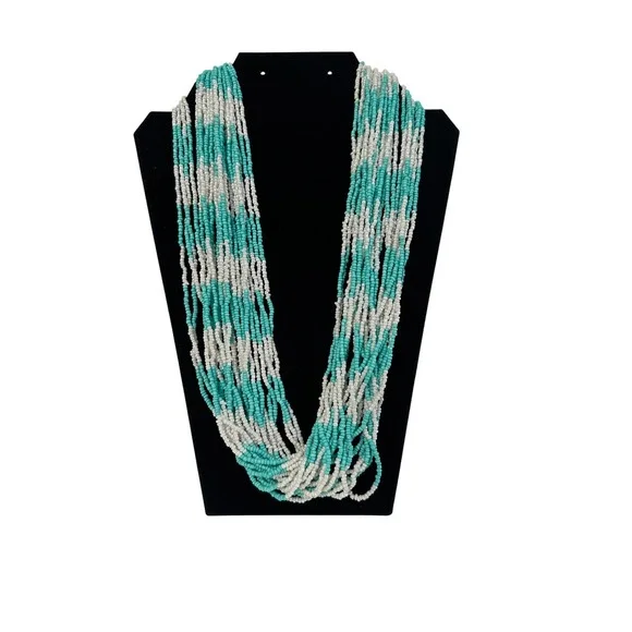 Icon Turquoise White Multi Strand Seed Bead Statement Necklace Boho