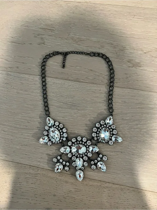 Clear Crystal Bib Necklace in Gunmetal Chain