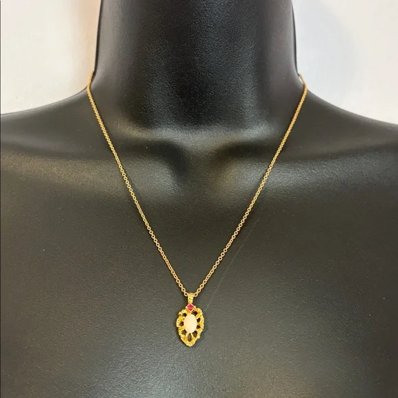 Gold Color Metal Pendant and Thin Chain Necklace Faux Opal and Ruby Pendant