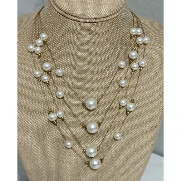 Vintage Gold Tone Faux Pearl Layered Necklace Beauty Necklace Adjustable Chain