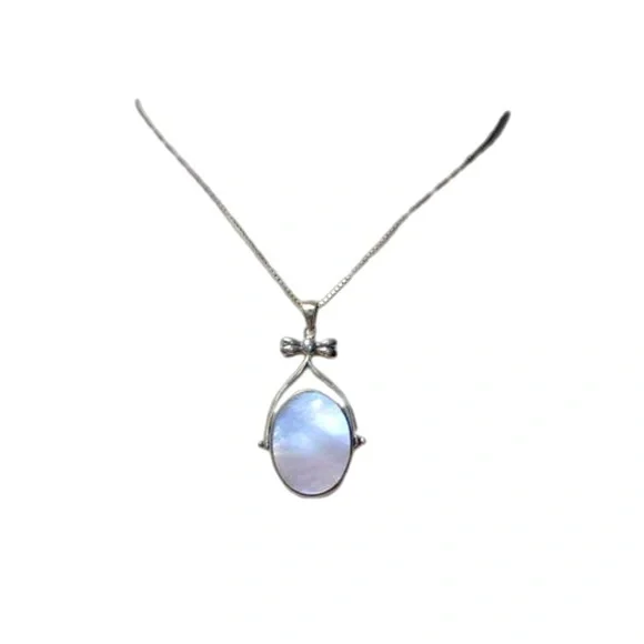 Sterling Silver Mother of Pearl Onyx Reversible Pendant Necklace 26in