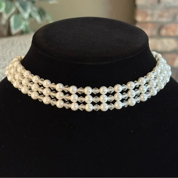 Faux Pearl and Crystal Beaded Layered Choker Necklace 16” Preowned