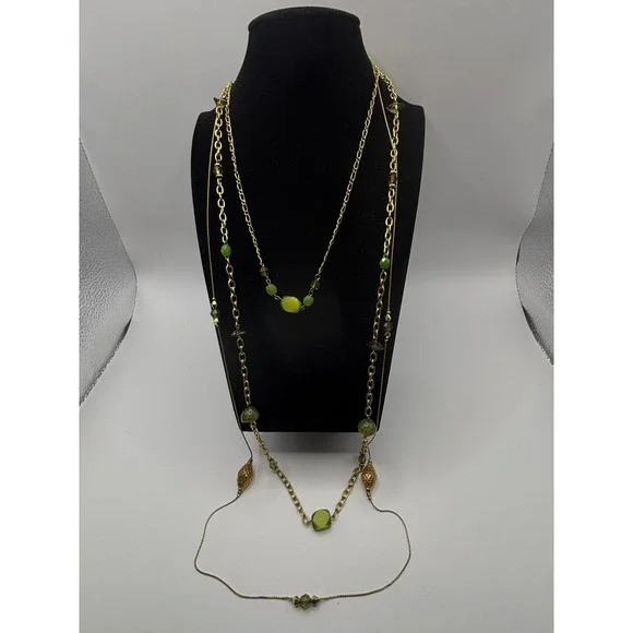 Sonoma Goods for Life Gold Tone Layered Necklace Green Beads Filigree 36 Inch