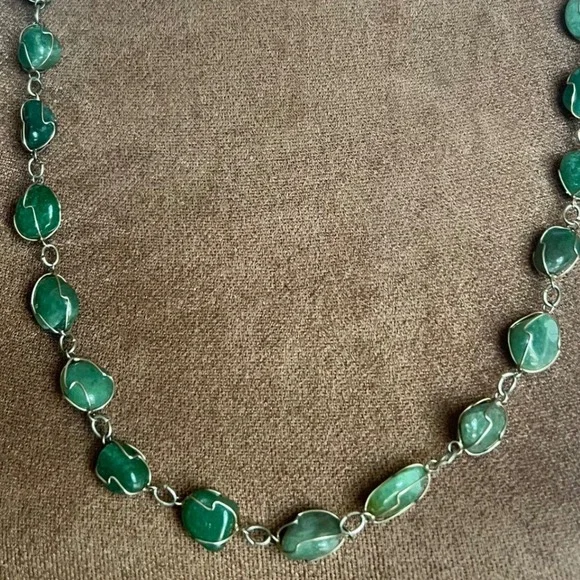 Vintage Green Aventurine Wire Wrapped Stone Necklace 26 Inch Boho 70s