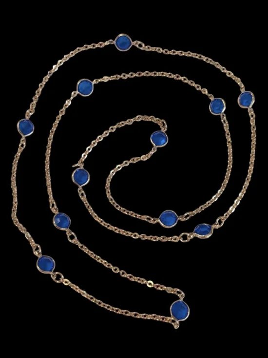 VTG Bezel Set Blue Sapphire (Sept Birthstone) Gold Tone Station Necklace 36