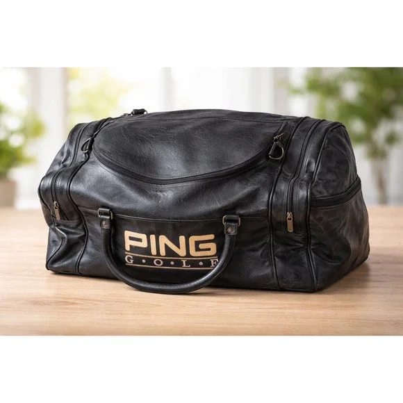 Vintage Ping Golf Vintage Black Leather Duffle Bag Travel‎ Gym Sport Logo Large