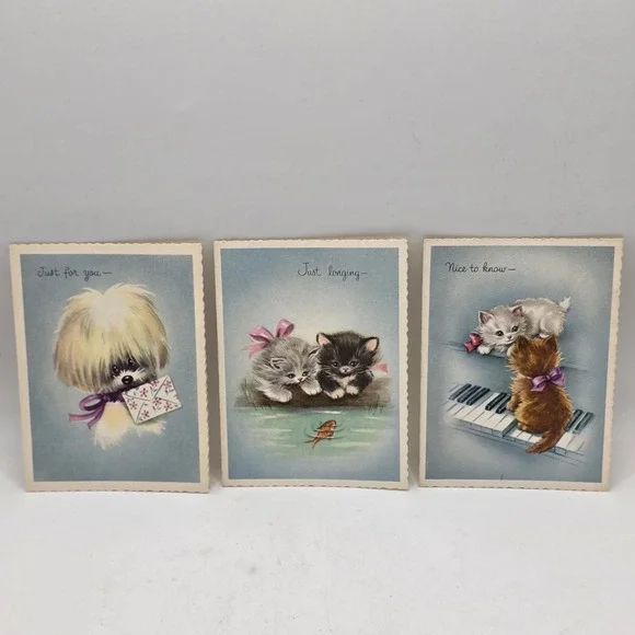 Vintage Greeting Cards Set 3 Puppy‎ Kittens Blue Scalloped Mid Century Ephemera